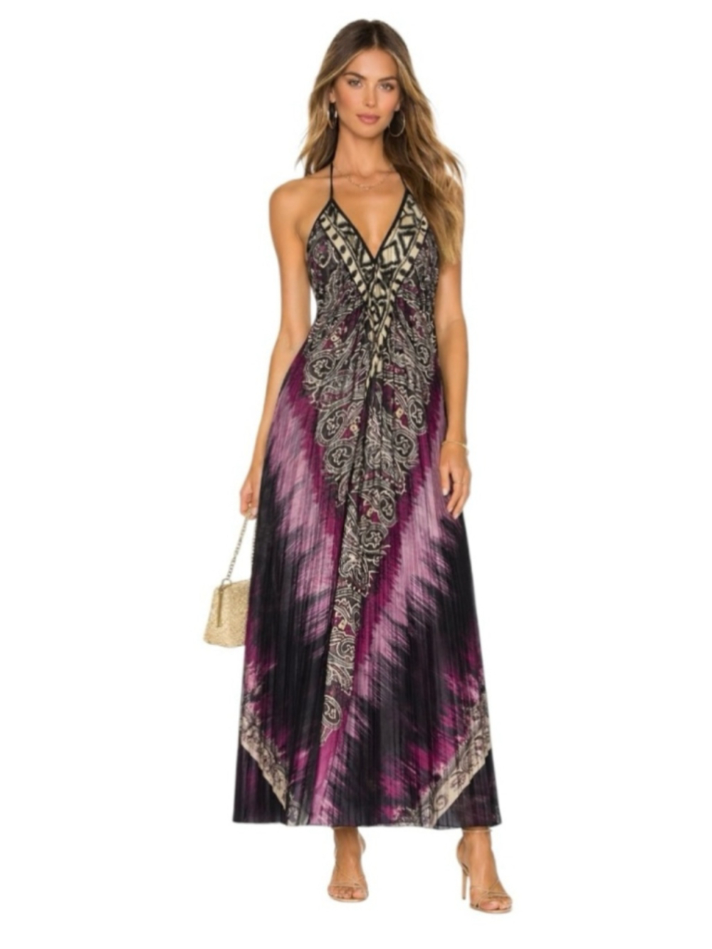 Sleeveless V-Neck Printed Maxi Dress in Purple and Black